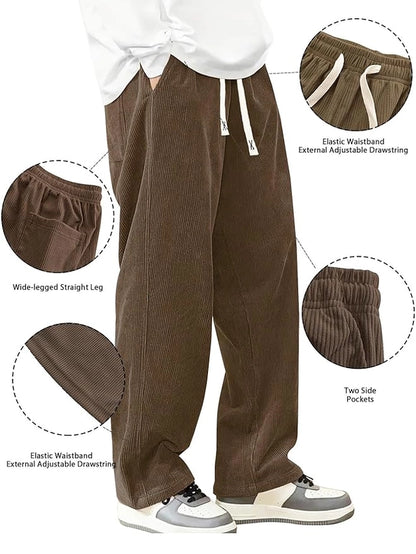 Mens Corduroy Casual Pants Fashion Loose Fit Wide Leg Pants Straight Sweatpants Elastic Waist Drawstring